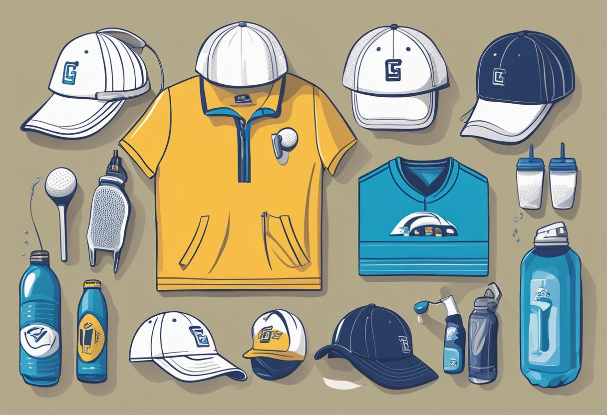 A table displaying various golf swag items: hats, towels, tees, and water bottles. Bright colors and bold logos catch the eye