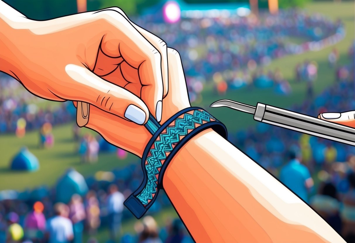 A festival-goer using a small tool to carefully loosen a festival wristband around their wrist