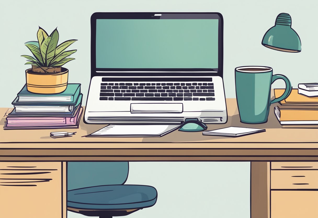 A desk with a computer, a stack of books, a coffee mug, and a notepad with "Frequently Asked Questions best gifts for interns" written on it