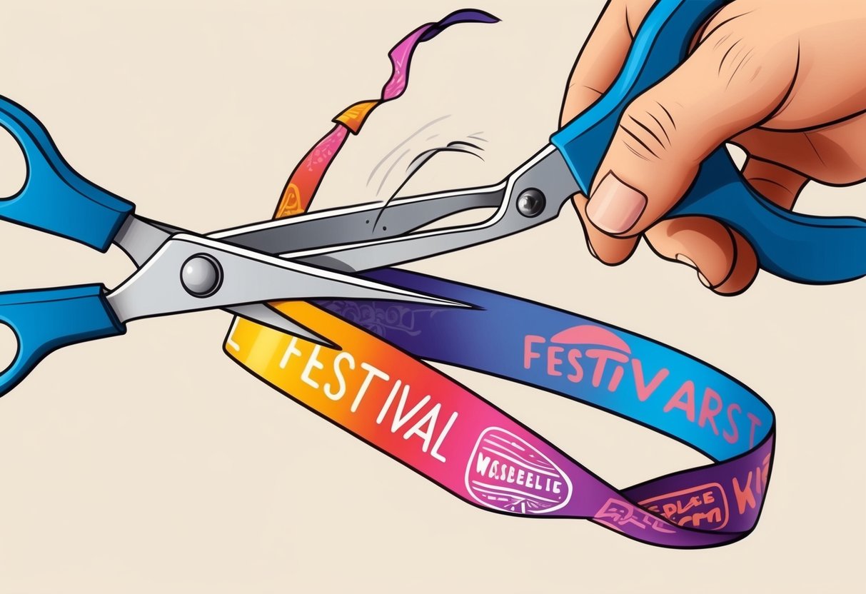 A pair of scissors cutting through a festival wristband, with the band unraveling and loosening as it is being cut