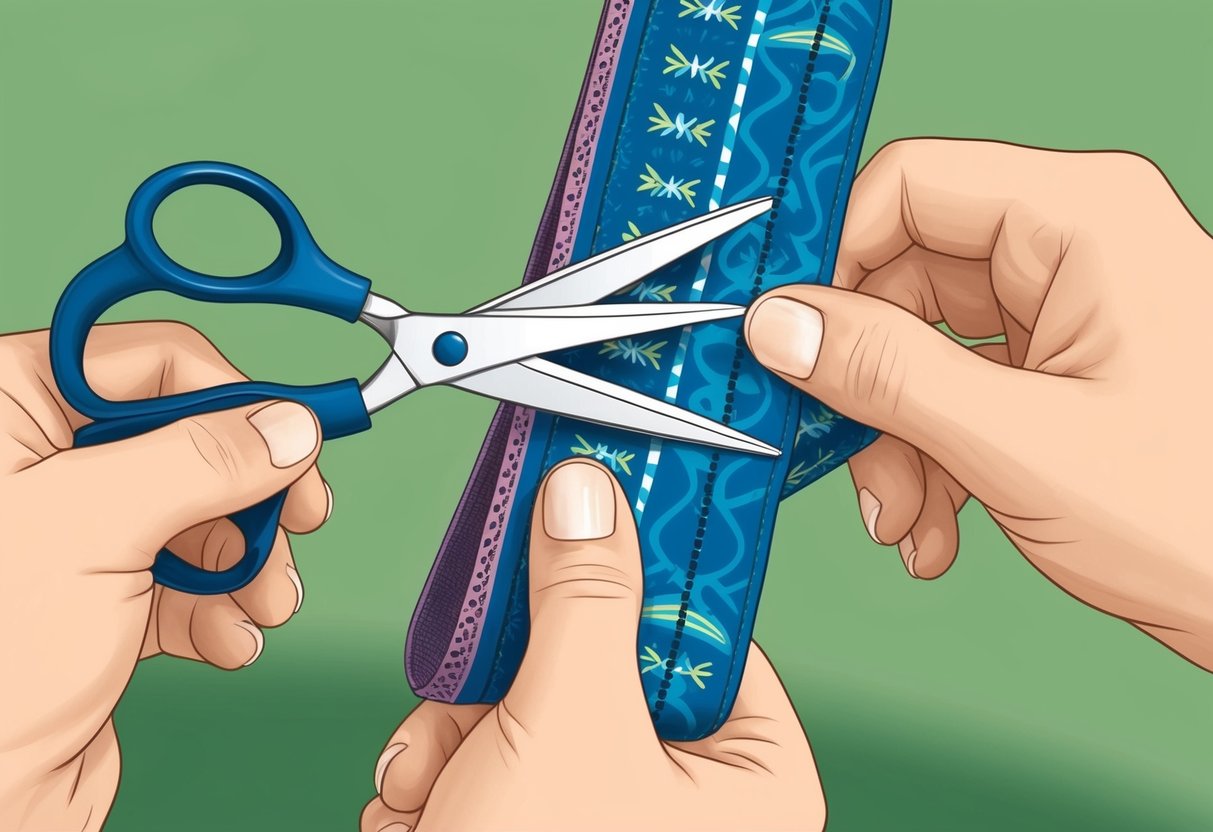 A person using scissors to carefully cut through the fabric of a festival wristband, then gently pulling the band apart to remove it without causing damage