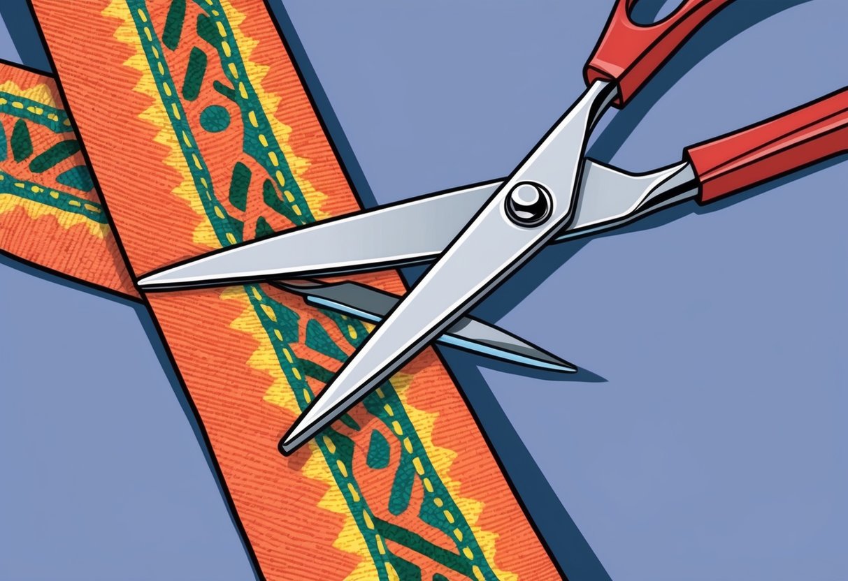 A pair of scissors cutting through the fabric of a festival wristband, with a small blade wedged underneath to loosen the material