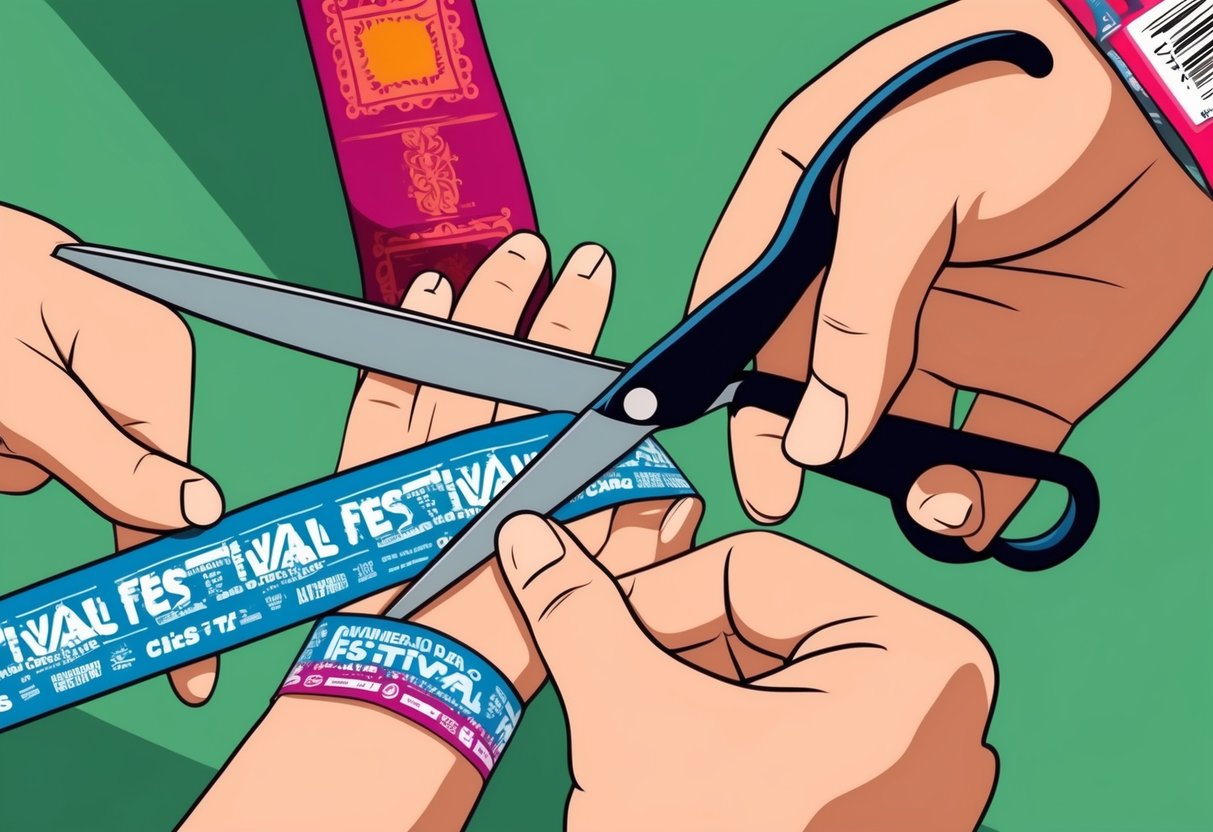 A person uses scissors to carefully cut and remove a festival wristband