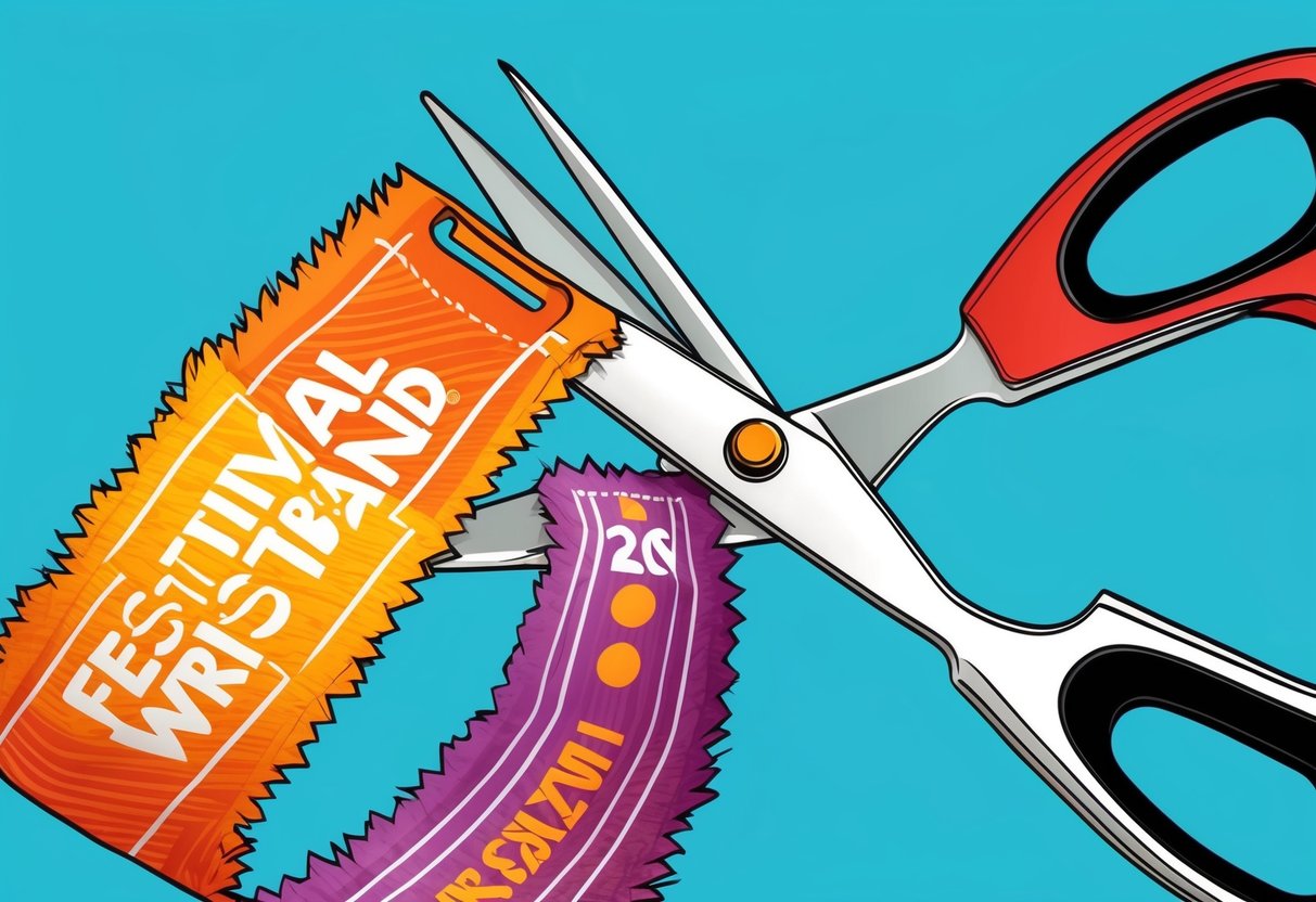 A pair of scissors cutting through a festival wristband, with the fabric fraying and the plastic clasp opening