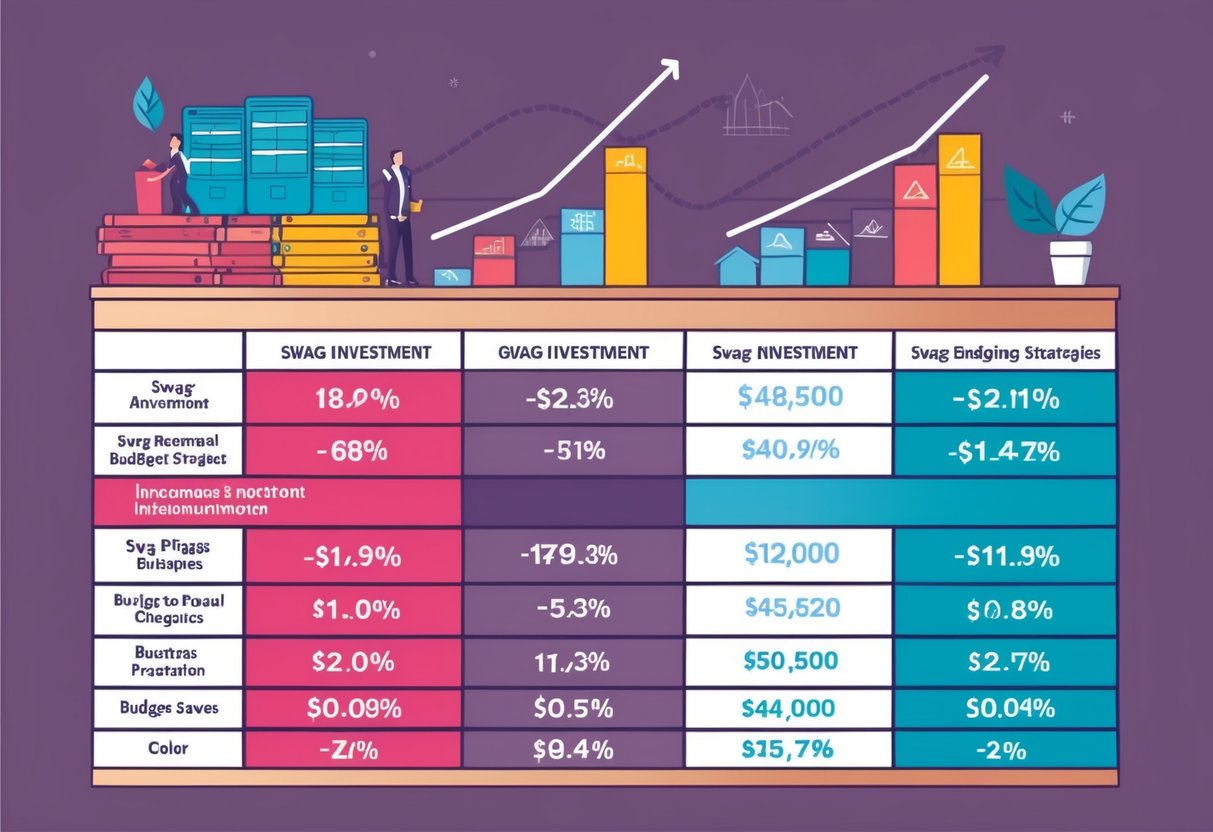 A table with charts and graphs showing different swag investment options and budgeting strategies