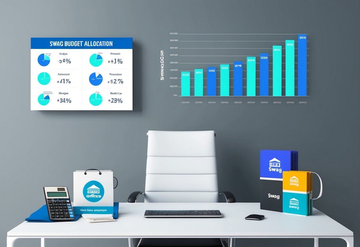 A sleek, modern office desk with branded merchandise and a calculator. A chart showing swag budget allocation and ROI projections on the wall