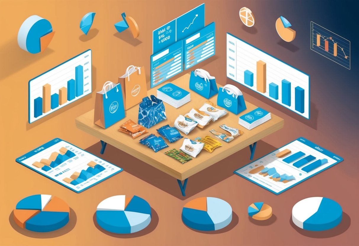 A table with swag items displayed, surrounded by charts and graphs showing budget breakdown