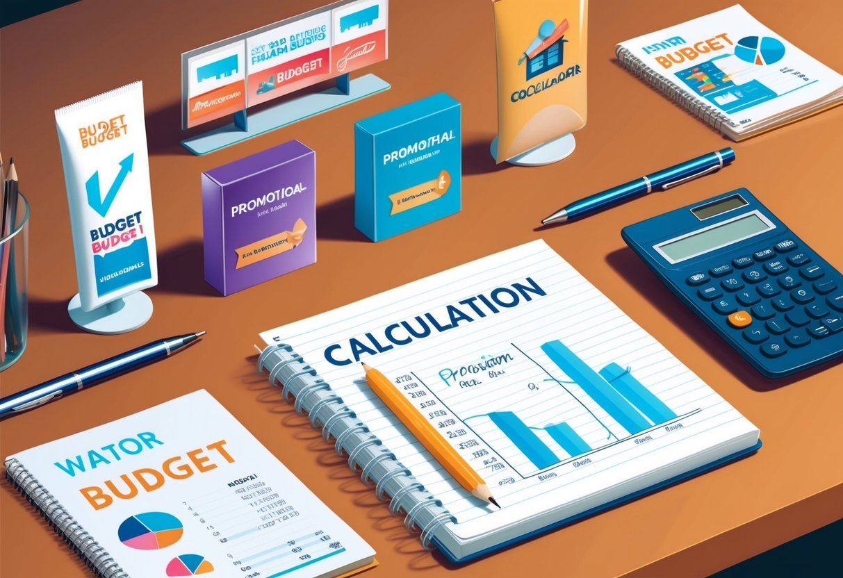 A table with various promotional items displayed, a calculator, and a notebook with budget calculations