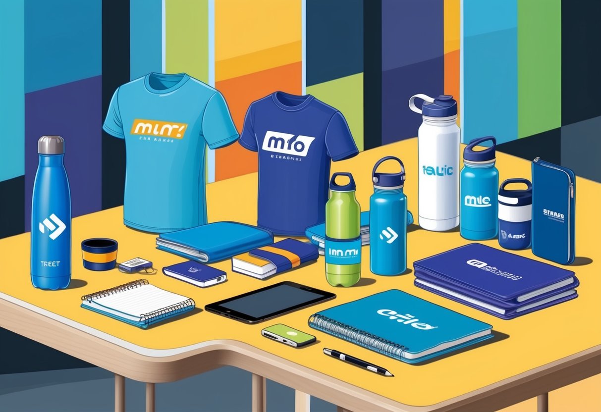 A colorful array of branded merchandise items displayed on a table, including t-shirts, water bottles, notebooks, and tech gadgets