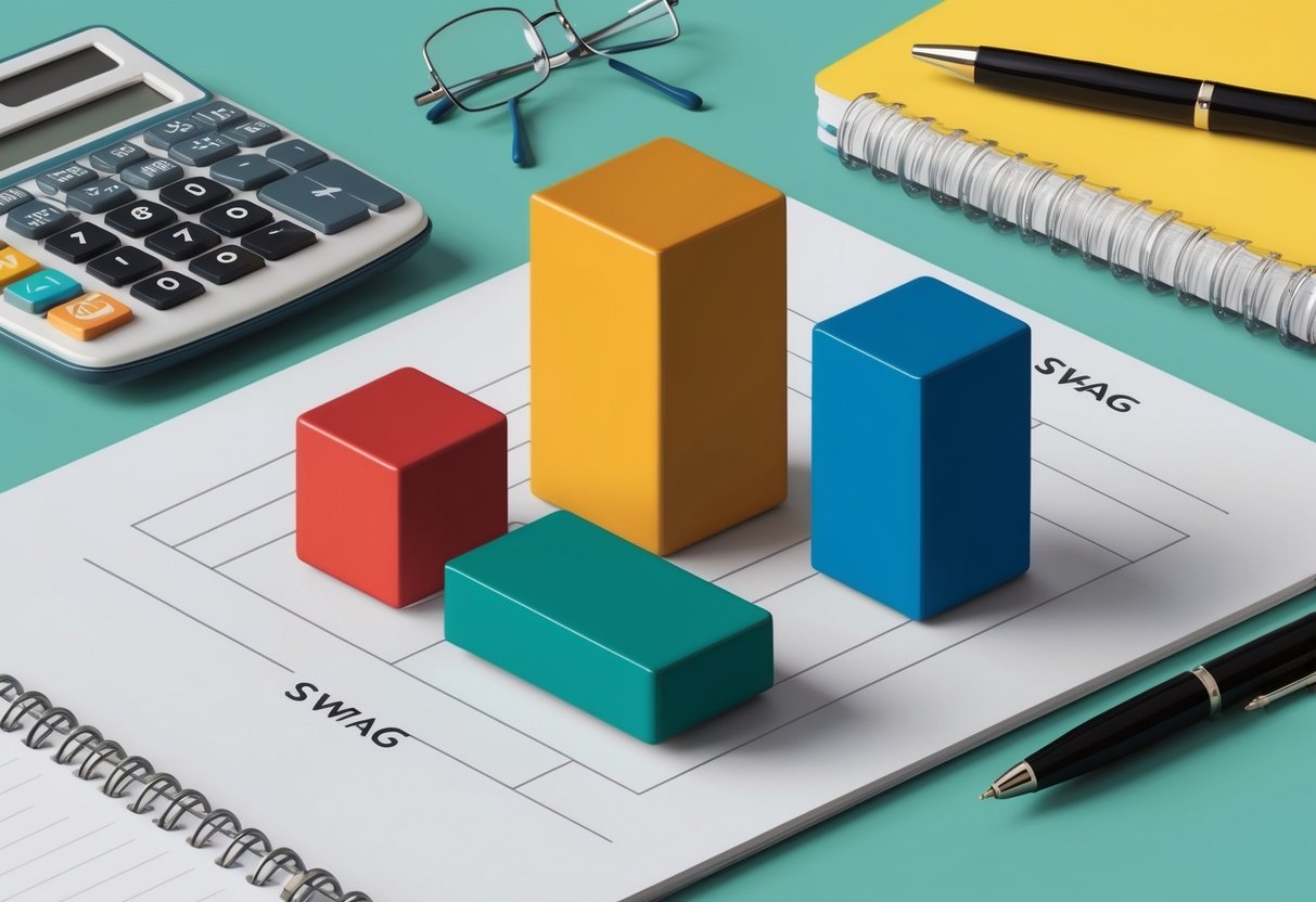 A colorful bar graph with different sized swag items, surrounded by a calculator, notepad, and pen