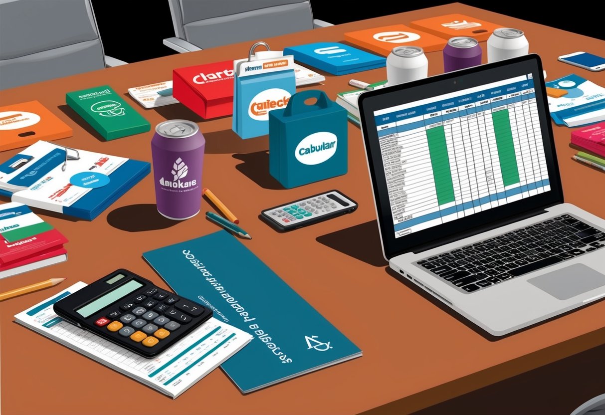 A conference room table covered in branded merchandise and promotional items, with a calculator and budget spreadsheet open on a laptop