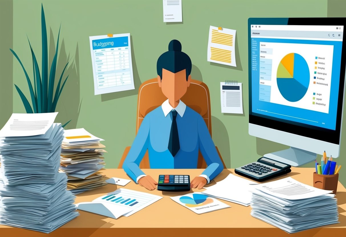 A person at a desk surrounded by stacks of papers, a calculator, and a computer screen displaying budgeting software