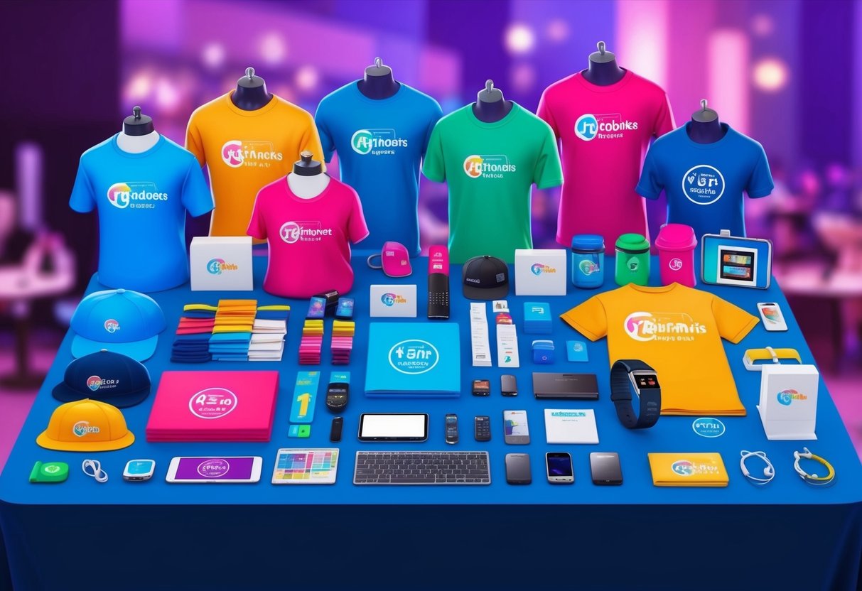 A colorful array of branded merchandise, including t-shirts, hats, and tech gadgets, arranged on a table at a virtual event