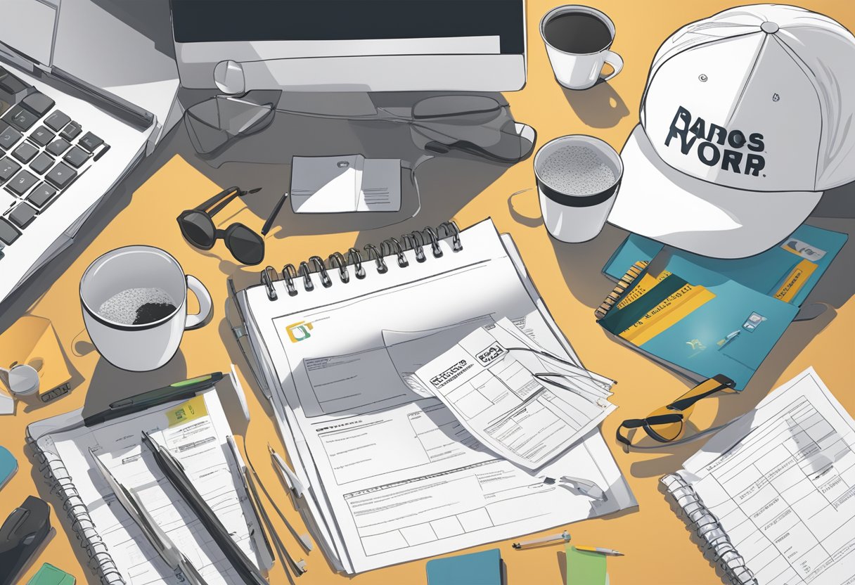 A pile of branded company swag sits on a desk, including shirts, mugs, and pens. A tax form hovers nearby, with a question mark above it