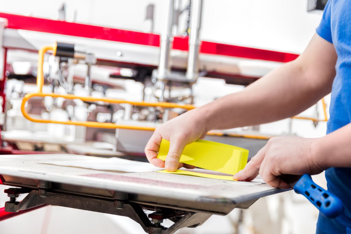 A man preparing fabric for screen printing.