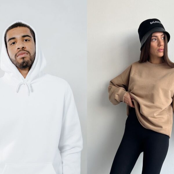 A man wearing hoody on the left side of the image and on the right a women wearing sweatshirt.