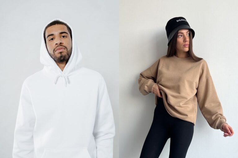 A man wearing hoody on the left side of the image and on the right a women wearing sweatshirt.