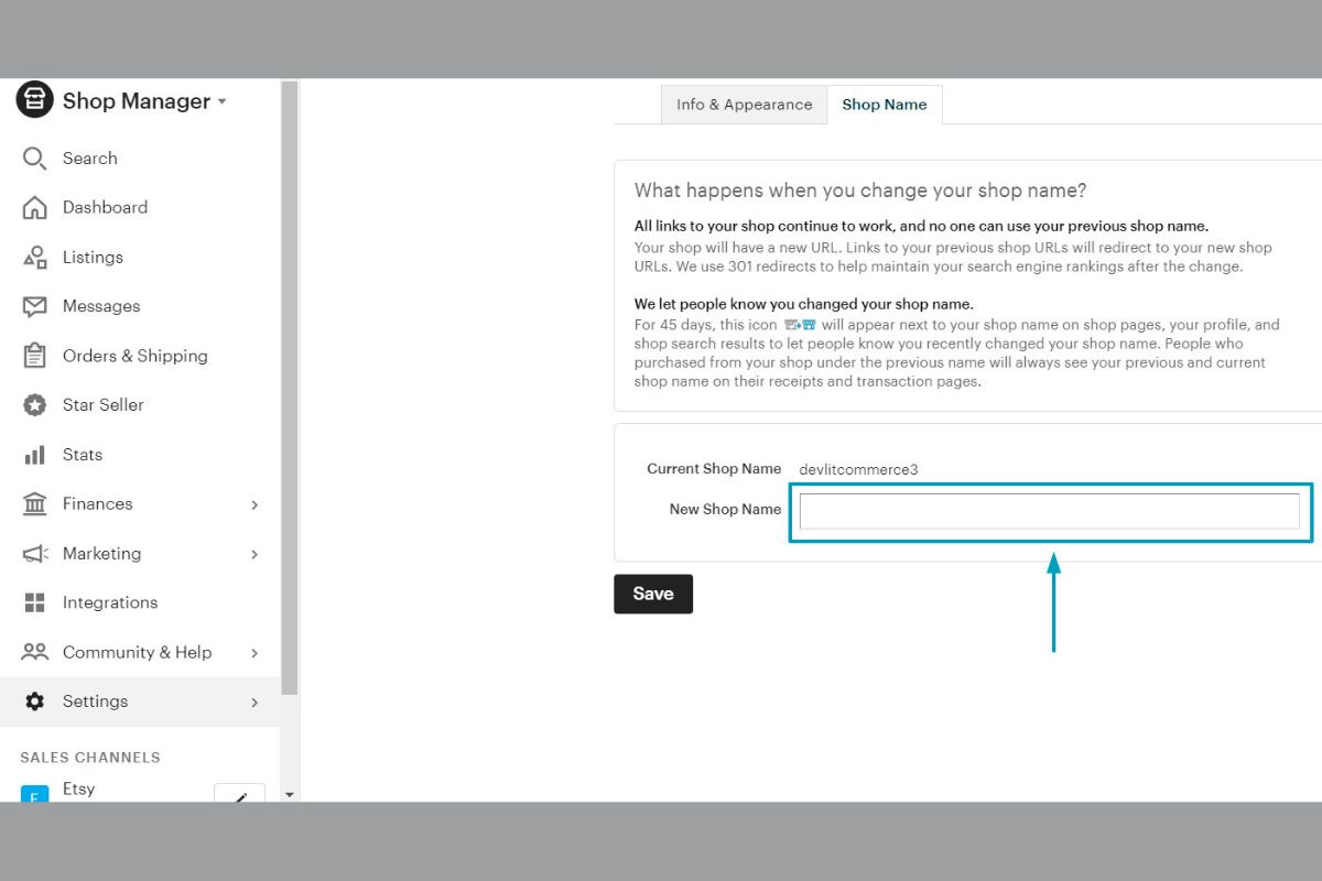 A person displaying the Etsy dashboard to change the shop name.
