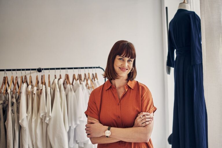 A woman having her own merchandise.