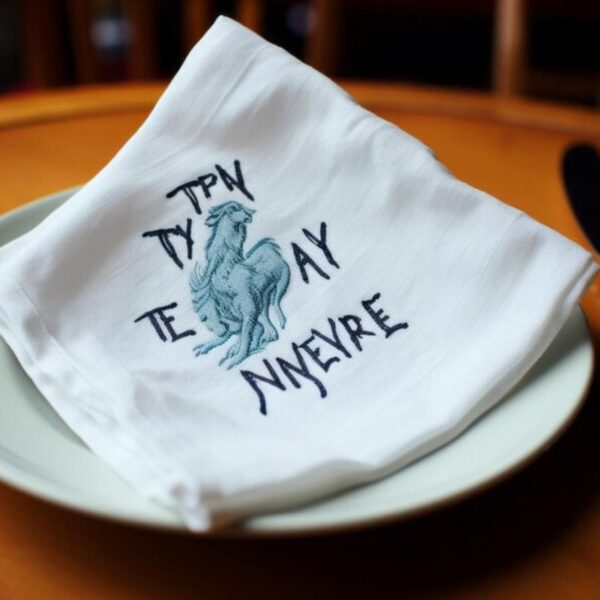 A custom napkin kept on a plate for more brand recognition.