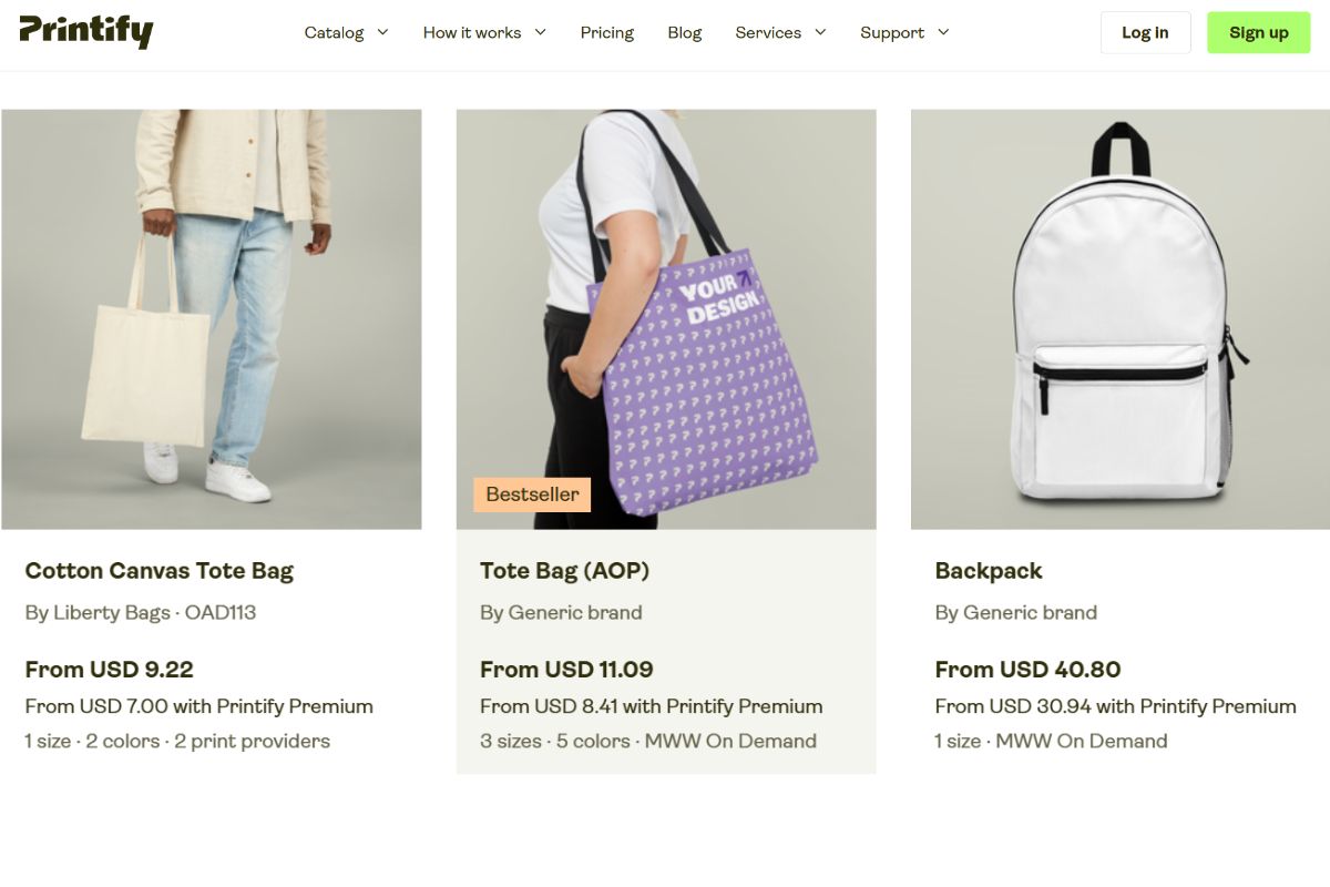 Different types of custom bags in printify website for customization